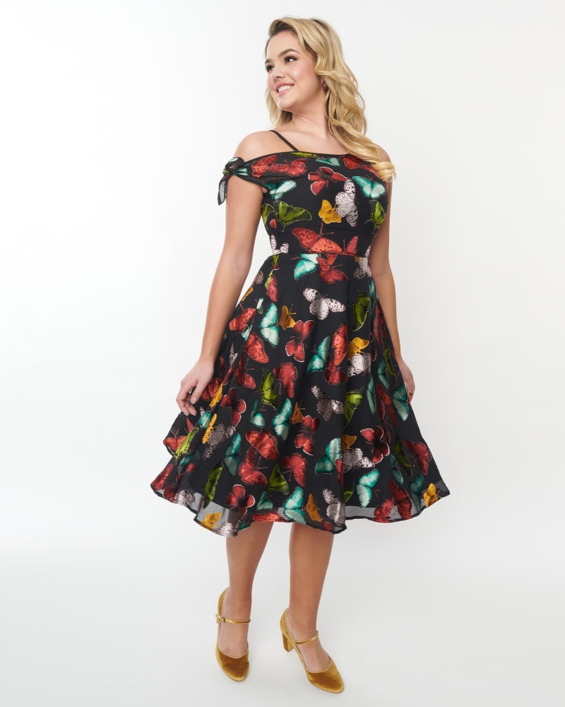Unique Vintage Black Multi Butterfly Swing Dress Black Butterflie